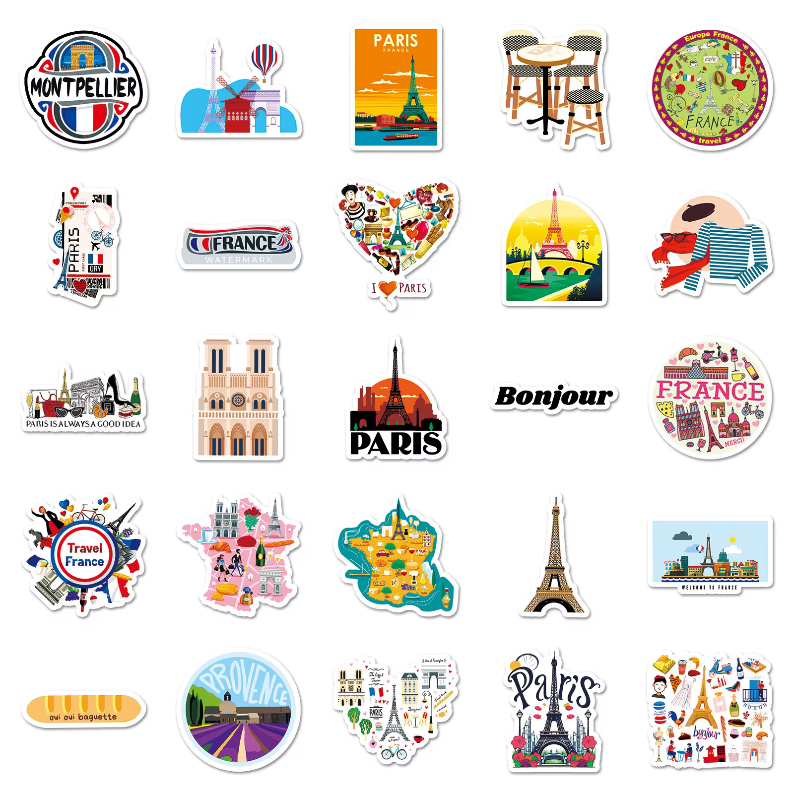 50 autocollants mignons de voyage France Paris, esthétiques, avec la Tour Eiffel et paysages, pour moto, bagages, guitare, jouet pour enfant