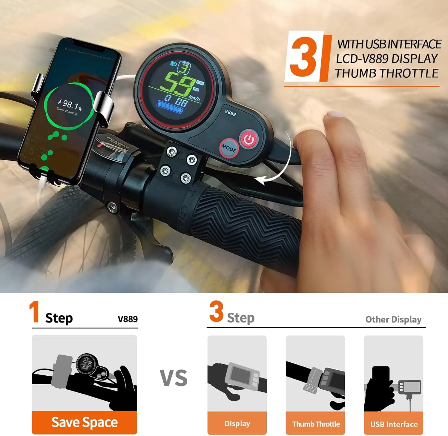 Écran LCD pour vélo électrique avec accélérateur rotatif