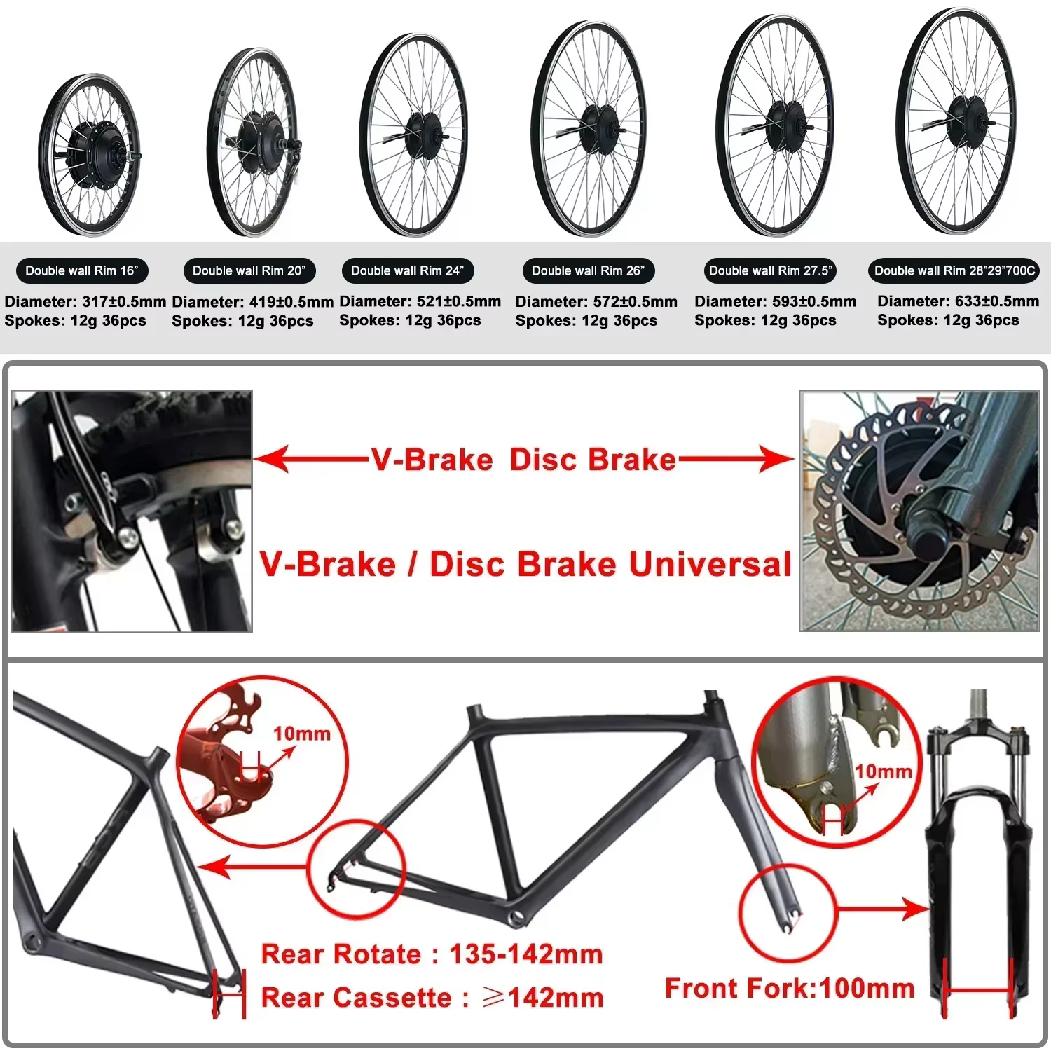 Moteur de moyeu de roue avant et arrière de vélo électrique 36V 48V 350W 500W dweтор для gegelei Б Kit de conversion