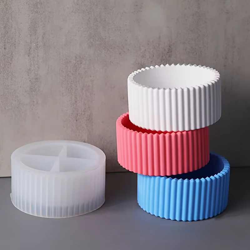 Moule multifonctionnel en silicone à rayures rondes pour pots à bougies, boîtes de rangement, porte-crayons et vases