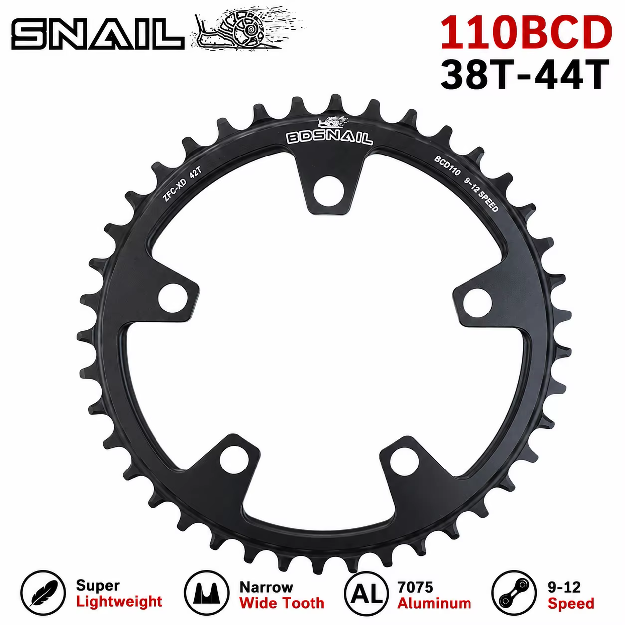 Plateau de chaîne SNAIL 110BCD 5 bras Narrow Wide 38T 40T 42T 44T Rond 1x pour vélos de route