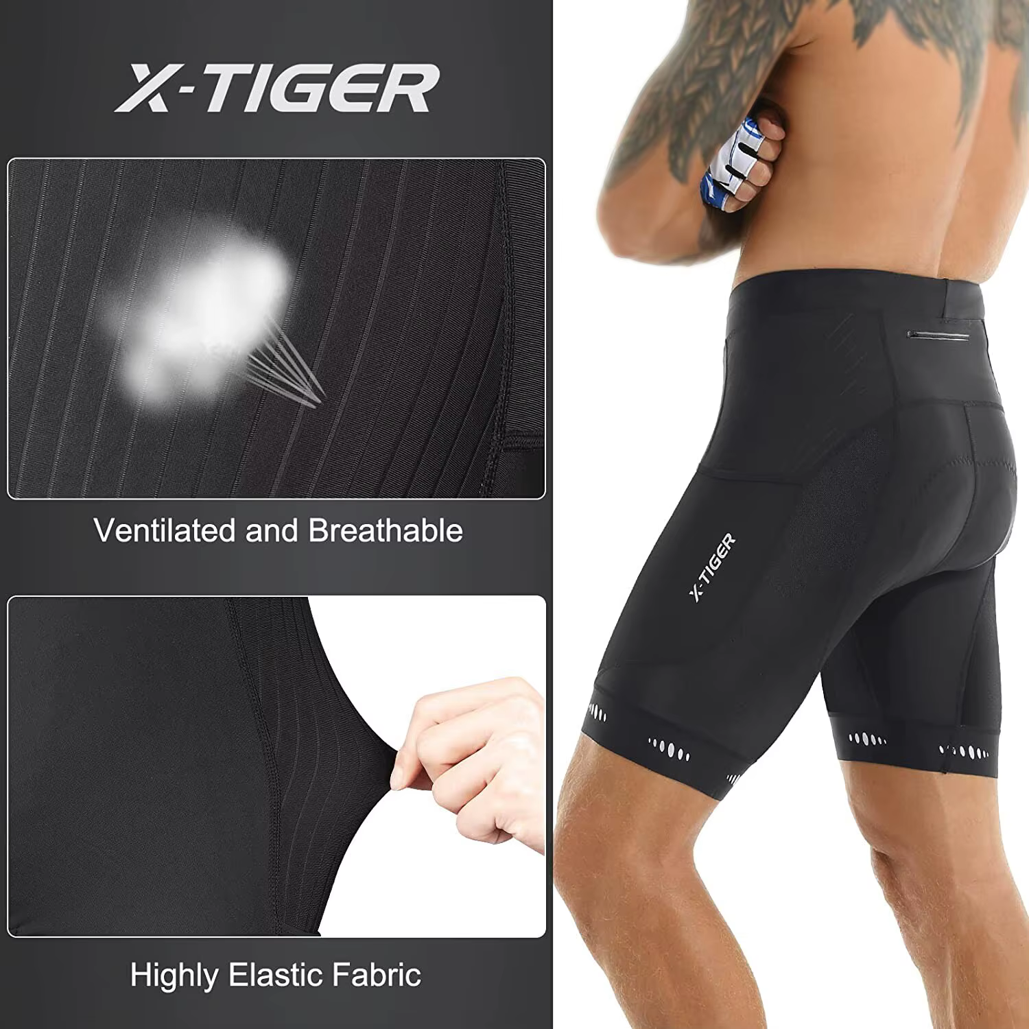 X-TIGER Hommes Cyclisme Shorts avec Poche Arrière 5D Gel Rembourré Vélo