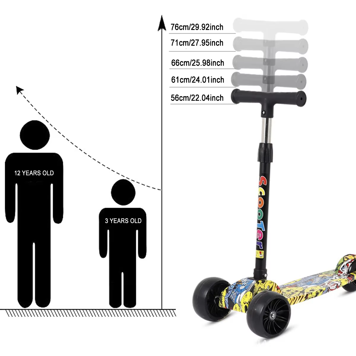 Trottinette Pliante à 3 Roues avec LED pour Enfant, Vélo d'Équilibre Réglable, Planche à Roulettes, Jouet de dehors
