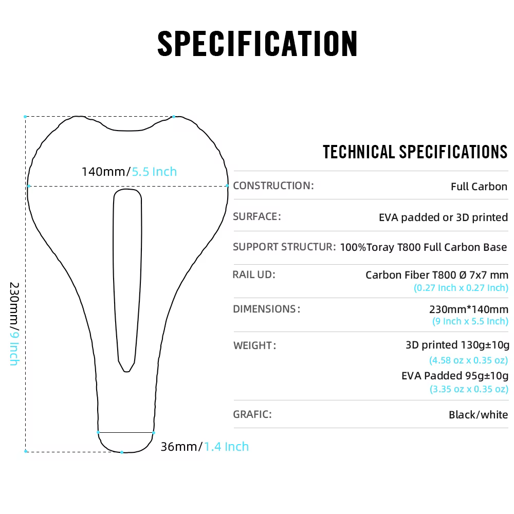 RYET carbone 3D-imprimé vélo selle 7x7 Rail
