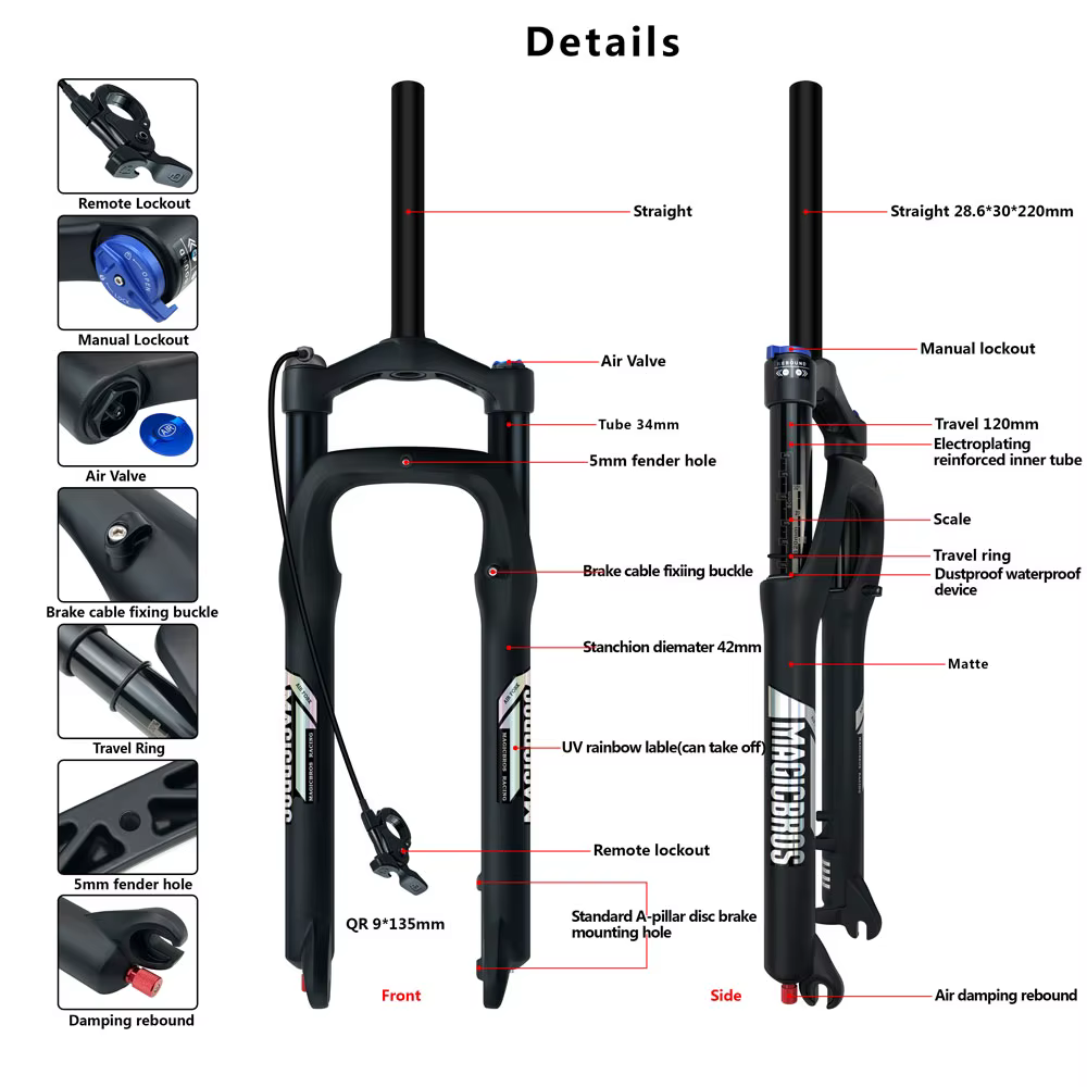 MAGICBROS fourche de vélo électrique Suspension pneumatique 20 26 pouces 4.0