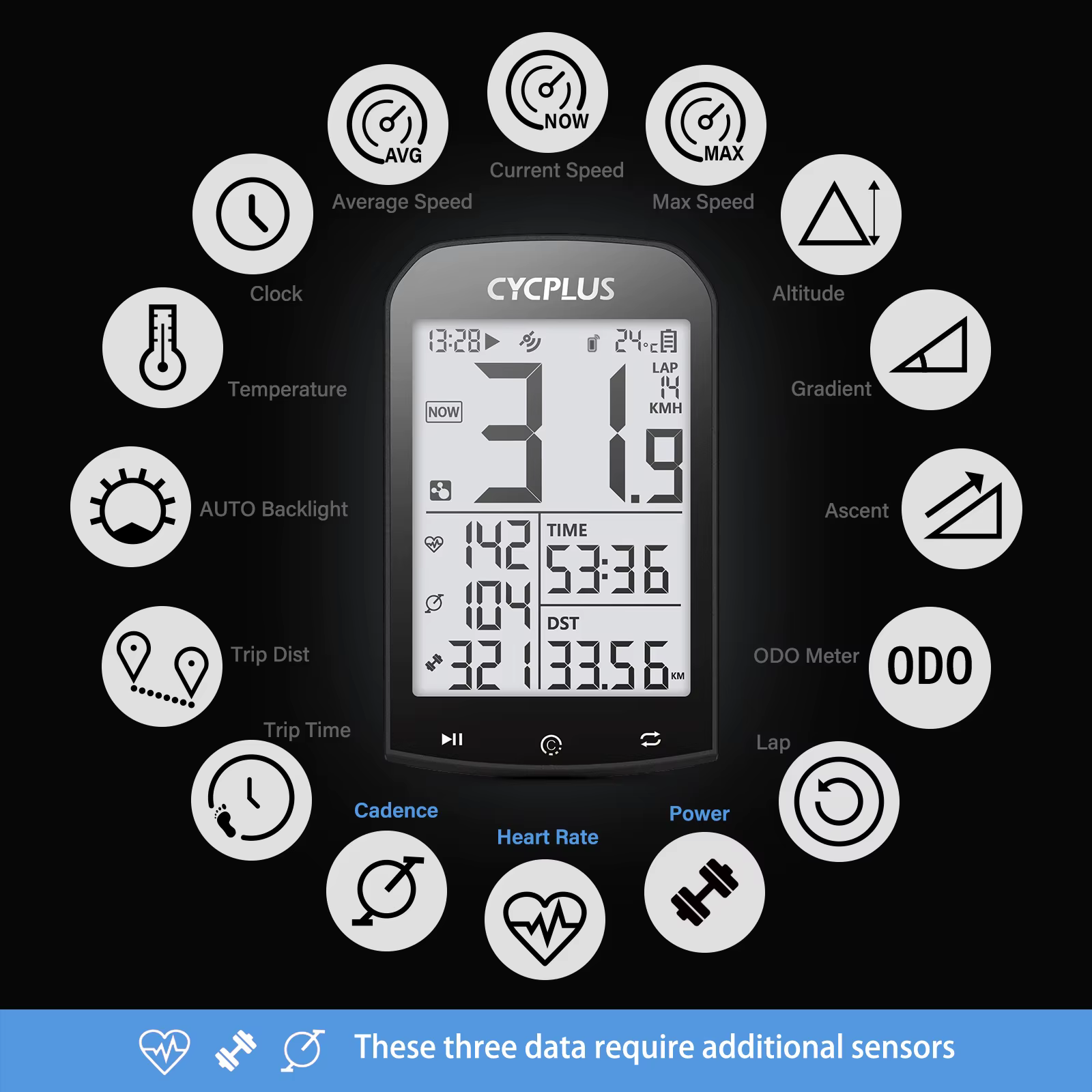 CYCPLUS M1 GPS ordinateur de vélo avec support de montage compteur de vitesse de cyclisme BLE 5.0 ANT +