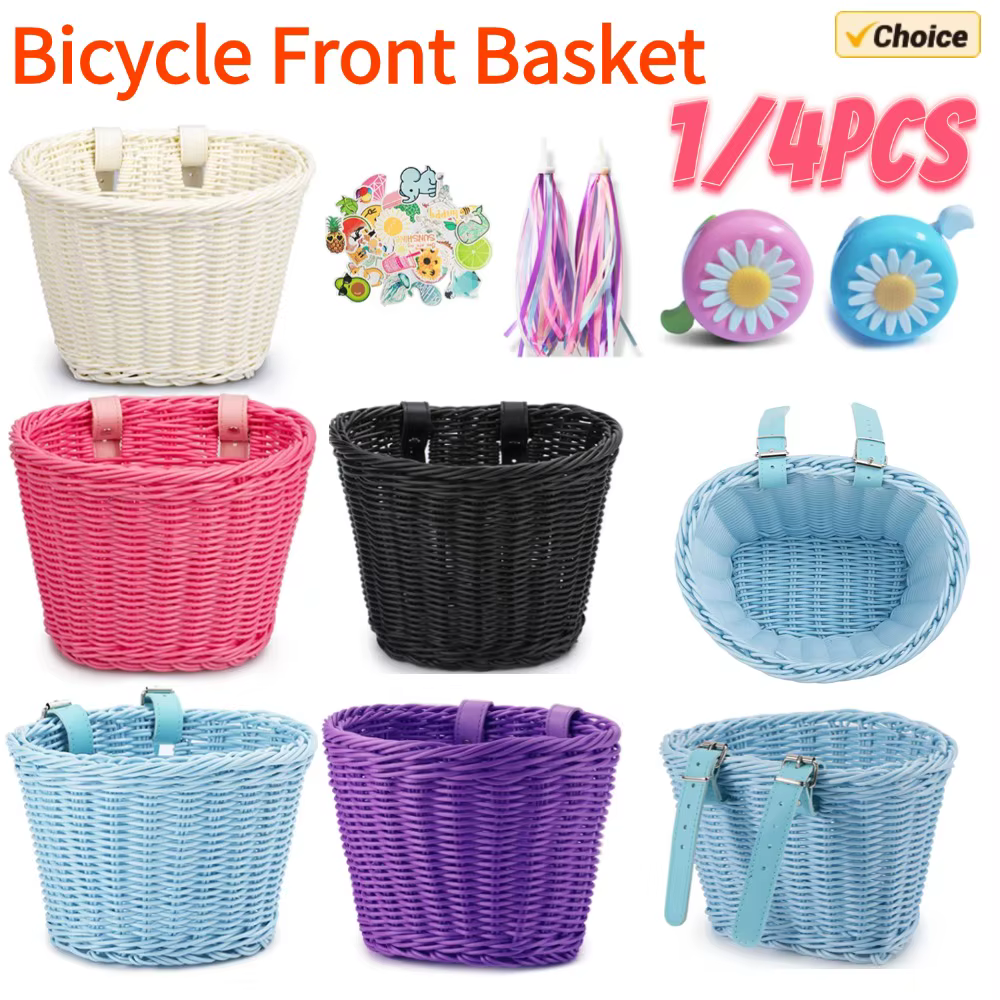 1/4 pièces Pe rotin osier vélo panier avant + cloche + gland + autocollant