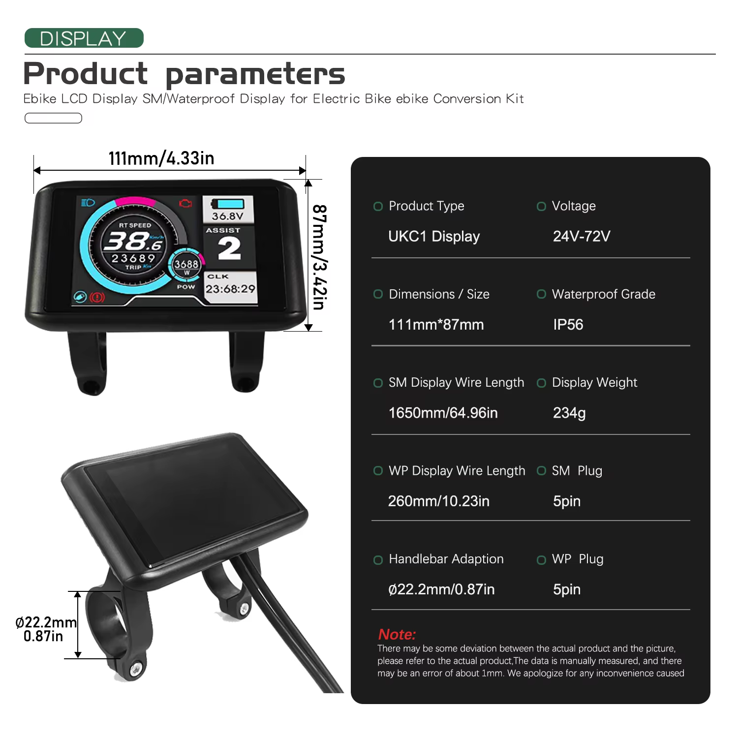 Écran couleur pour vélo électrique UKC1 24V36V48V60V72V UART2