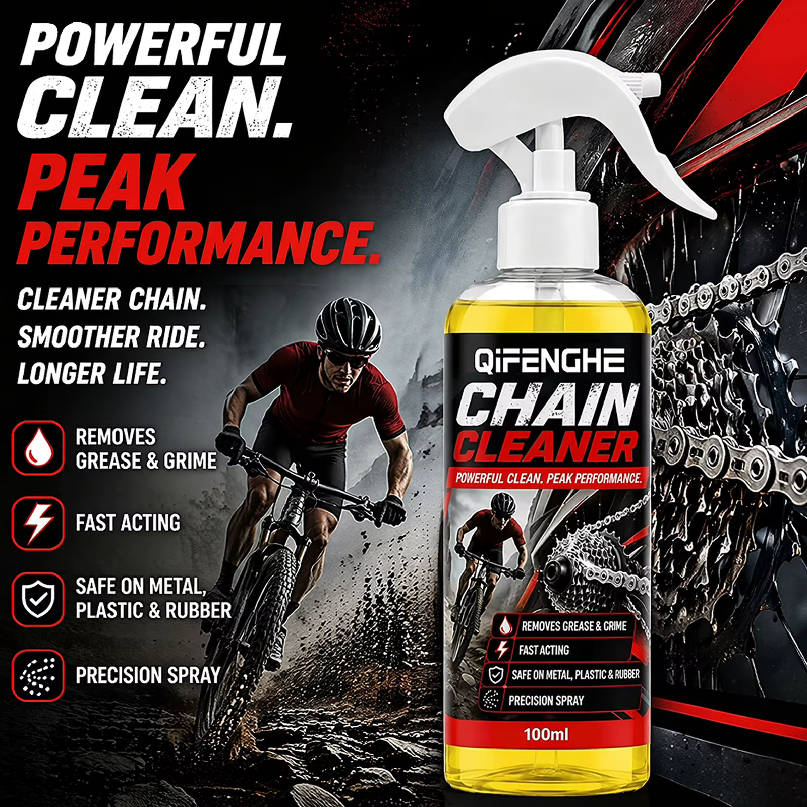 Nettoyant pour chaîne de vélo en spray 100 ml, dégraissant à action rapide pour chaînes de vélo, sans danger pour le métal, le caoutchouc et le plastique, élimine la graisse et la saleté
