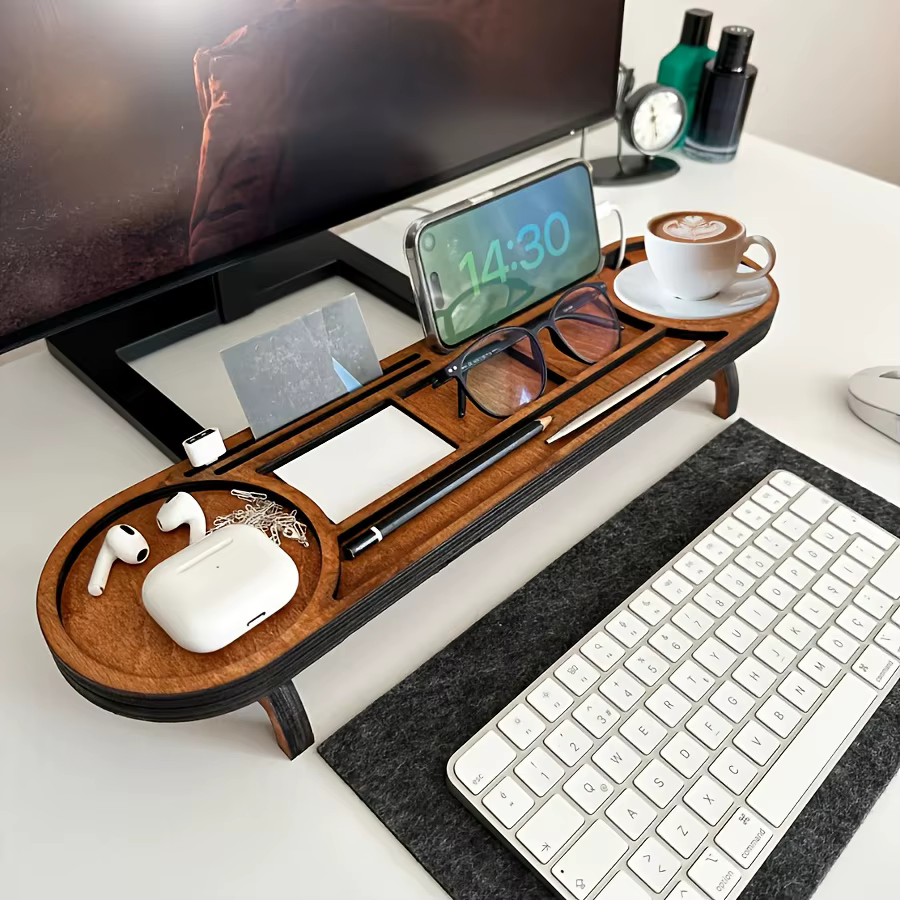 Organisateur de bureau en bois avec support surélevé, porte-gobelet multi-compartiments, porte-stylo, pour la papeterie de bureau et la décoration de bureau à domicile
