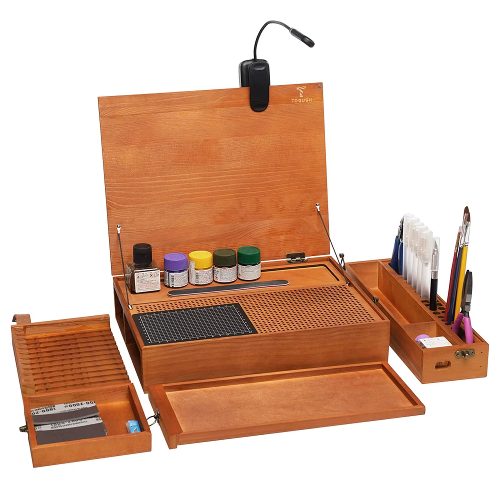 Table de travail de loisirs pour la construction de modèles, organisateur portable avec tapis de découpe, établi avec lumière pour le polissage, la coloration, la fabrication de modèles