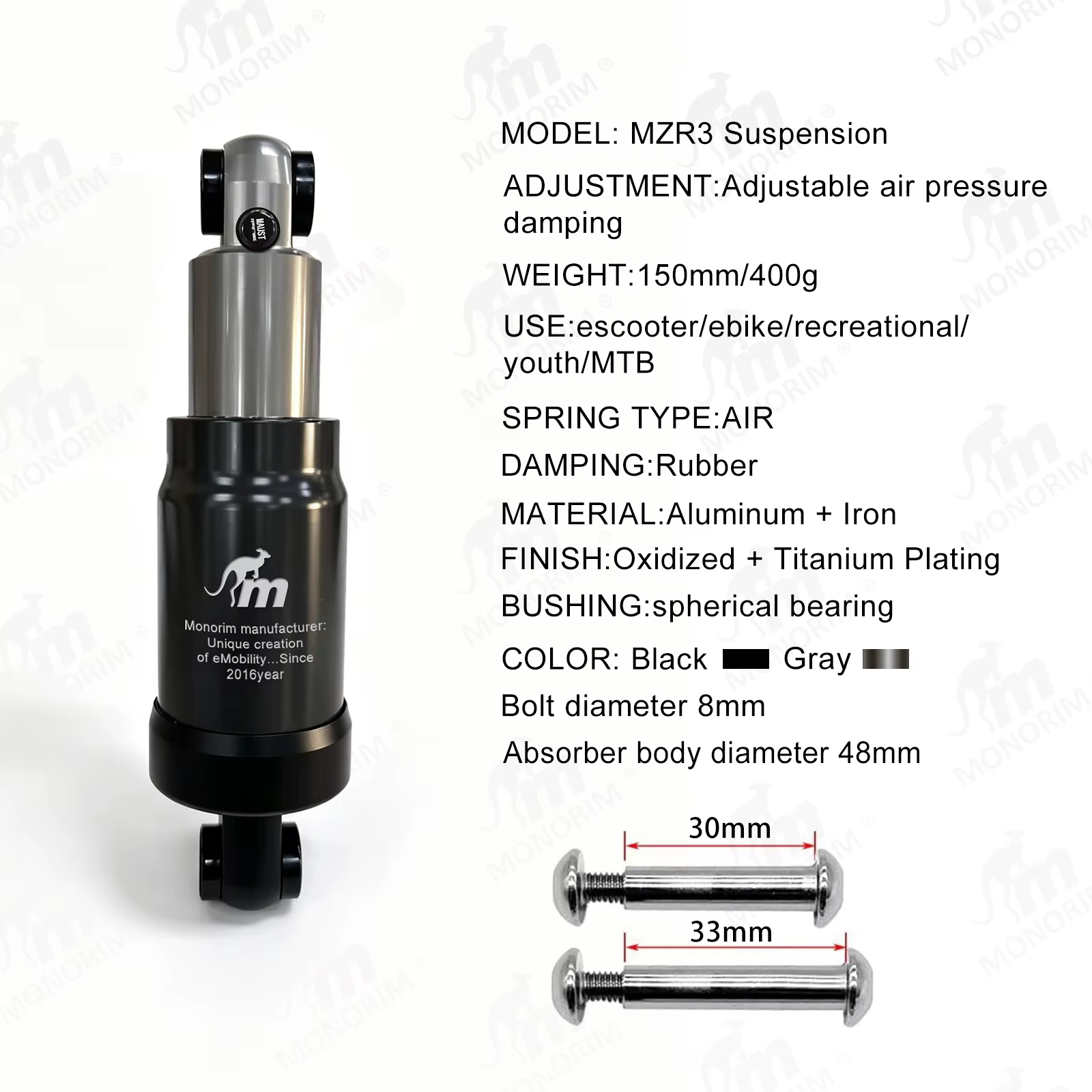 Amortisseur arrière à suspension pneumatique Monorim MZR3 Pro pour trottinette électrique Segway ZT3 Pro - Accessoires