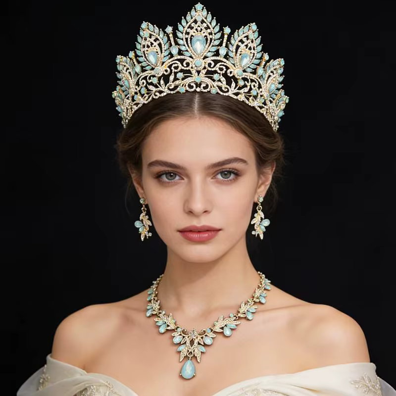 Parures de bijoux de mariée de luxe pour femmes : collier, boucles d'oreilles et couronne de princesse, accessoires de costume