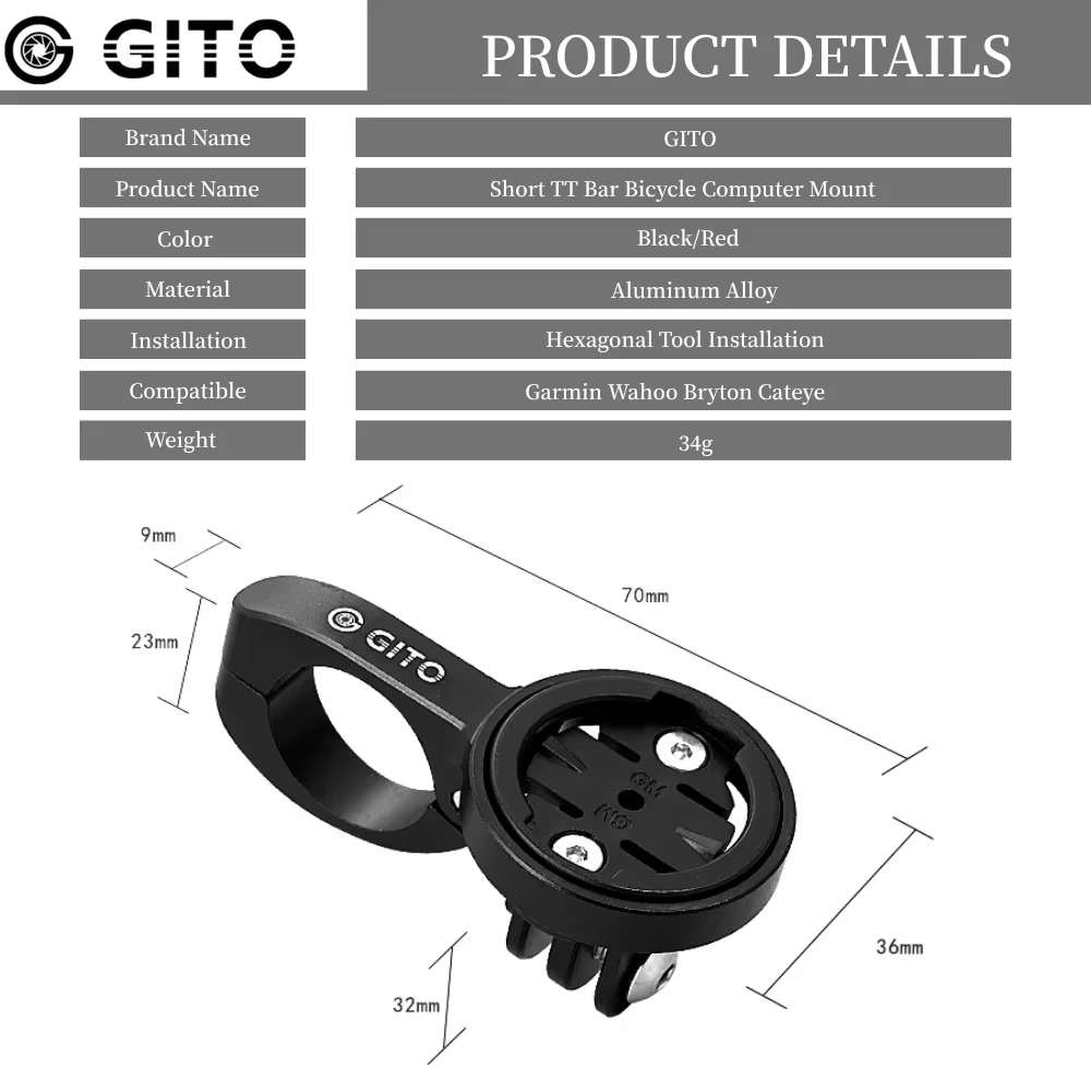 Support de compteur de vélo GITO Short TT Bar pour VTT