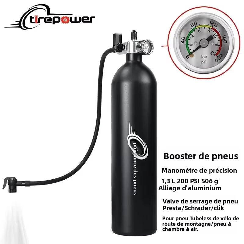 Pompe à vélo 1,3 L pour pneus tubeless/tubelessless, pression max. 200 PSI, compatible avec les valves Presta et Schrader pour vélos de route et VTT