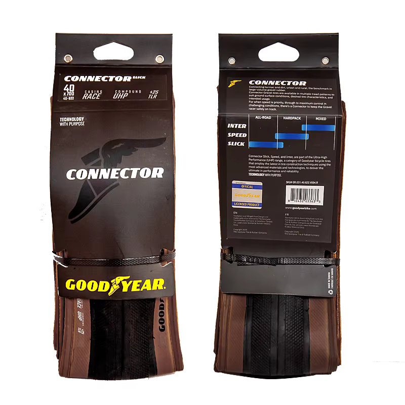 Pneu de vélo Goodyear Gravel Connector Speed/Slick/Inter Race 700 x 40C Tubeless Fold 120TPI Noir/Marron pour Cross