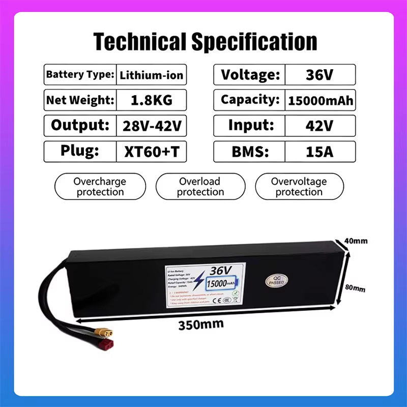 Batterie pour scooter électrique 10S4P 36V, batterie rechargeable haute capacité 15000mAh, longue durée de vie, Lithium-Ion 18650, BMS intégré