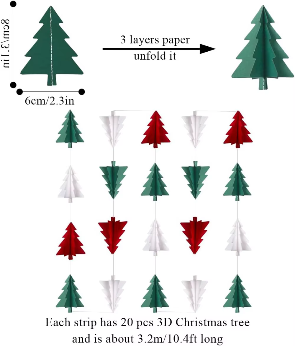 Banderoles en papier pour arbre de noël, 5 pièces, 10.4 pieds, rouge, blanc, vert, bannière d'arbre de noël 3D pour décorations suspendues de noël, ornements
