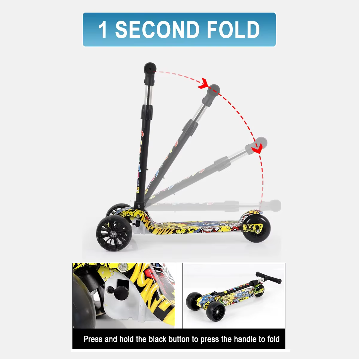 Trottinette Pliante à 3 Roues avec LED pour Enfant, Vélo d'Équilibre Réglable, Planche à Roulettes, Jouet de dehors