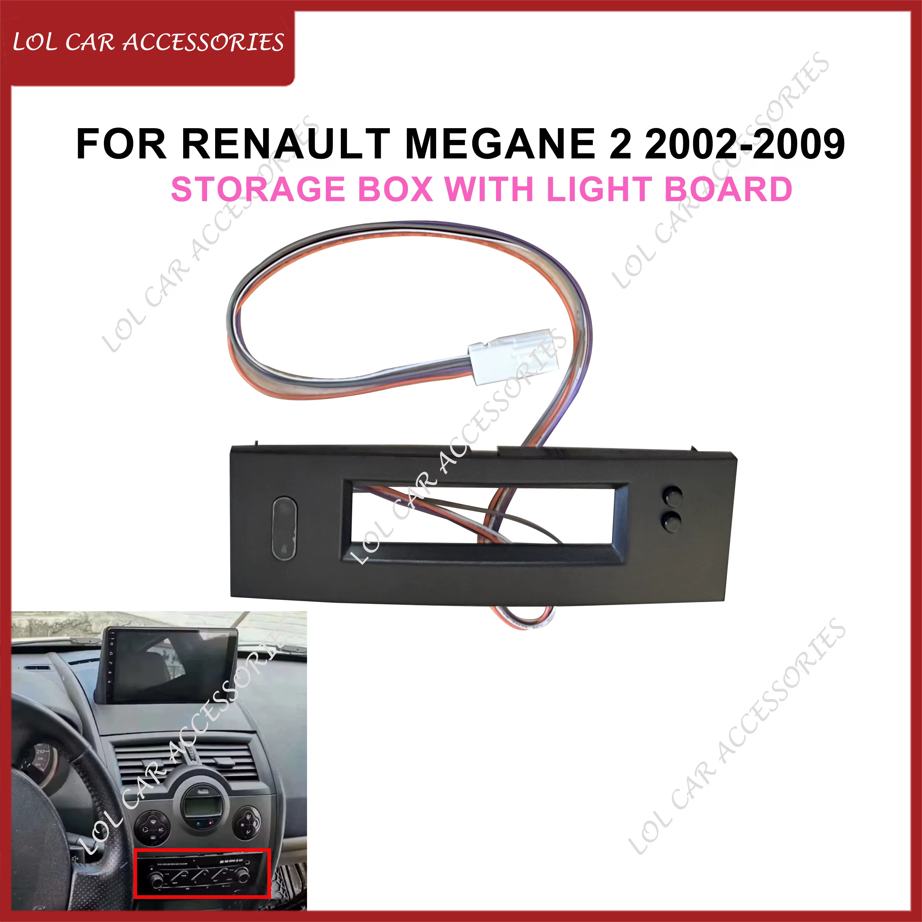Boîte de rangement d'accessoires de voiture pour Renault Megane 2 2002 – 2009, avec panneau lumineux, panneau stéréo, cadre de tableau de bord Radio Fascia