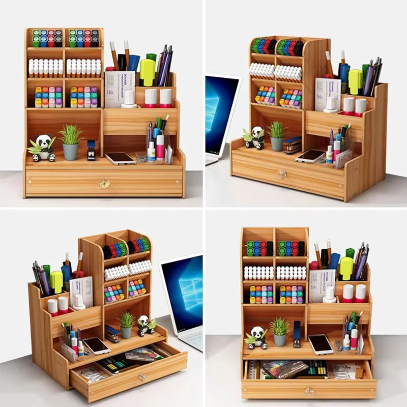 Organisateur de bureau en bois de grande capacité, porte-stylo bien rangé, boîte de rangement avec MELfor Home Office et School, bricolage