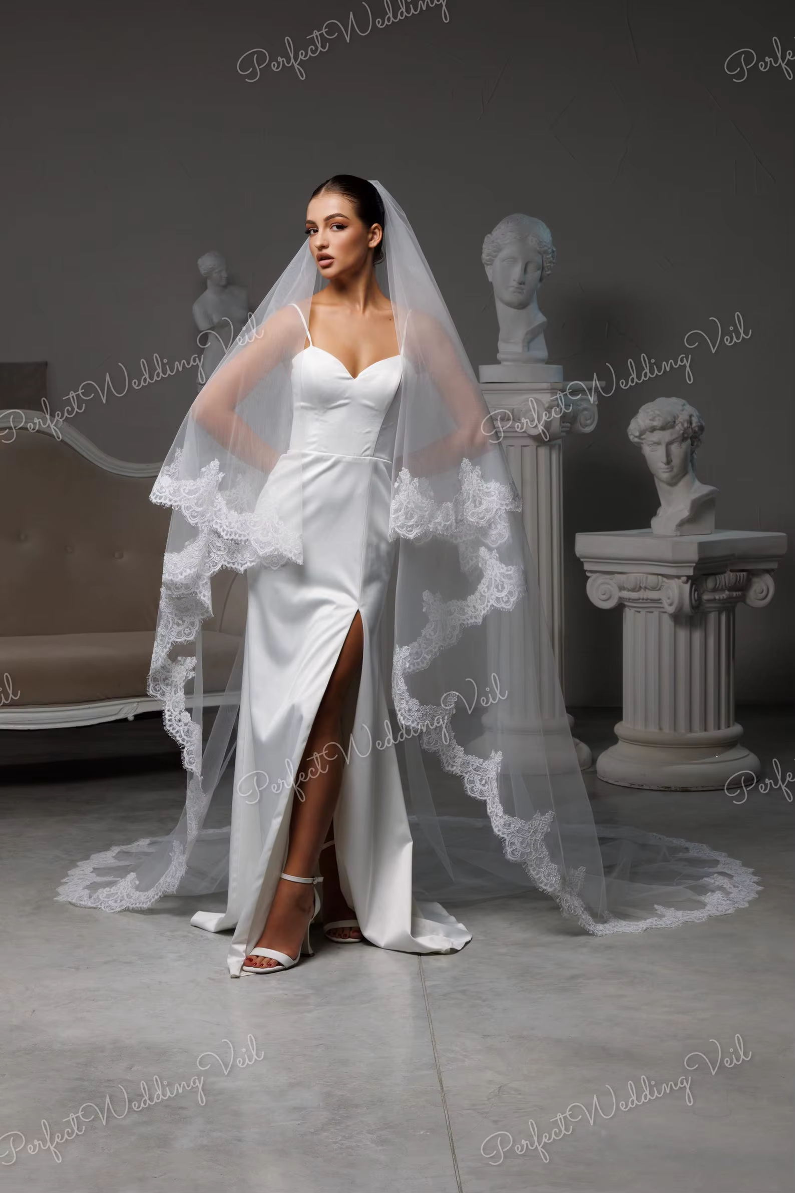 Voile de mariée cathédrale à deux niveaux en tulle doux, avec bordure en dentelle, ivoire, romantique, classique, élégant