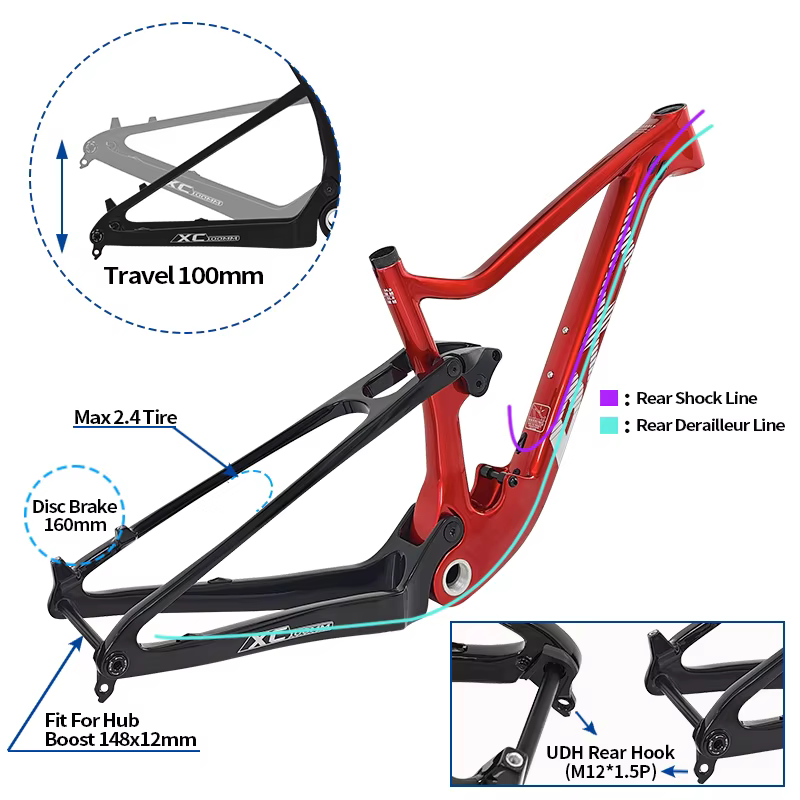 Cadre de vélo tout-suspendu BXT 29er Boost 148*12mm en carbone