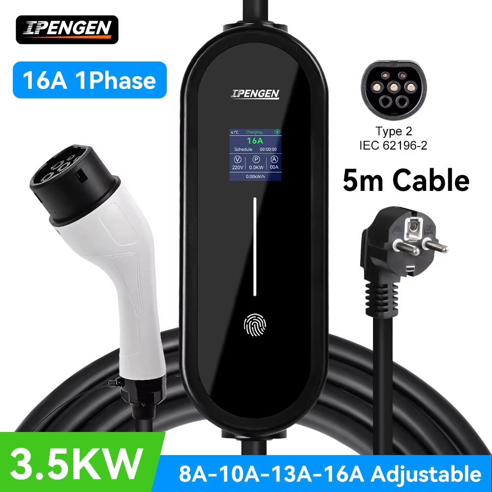 IPENGEN – chargeur EV Portable 3,5 kw, câble de 5M, connecteur Type2 IEC62196/ GB/T 16A, 1 phase, Type 1, boîte murale de chargement pour véhicule électrique