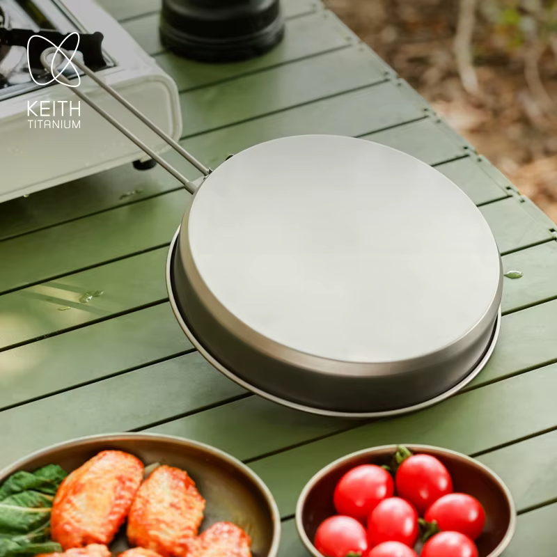 Poêle à frire en titane Keith 1000 ml sans revêtement, avec poignée pliable et sac de rangement, ustensile de cuisson portable pour la randonnée, le camping et la randonnée en sac à dos