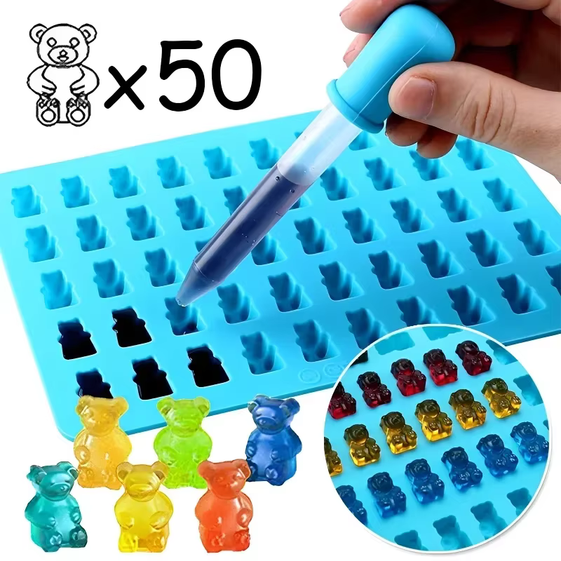 Moule ours gommeux en Silicone, 50 grilles, mignon ours, gelée, avec compte-gouttes, bonbons, chocolat, Fondant, outils de décoration de cuisson, DIY