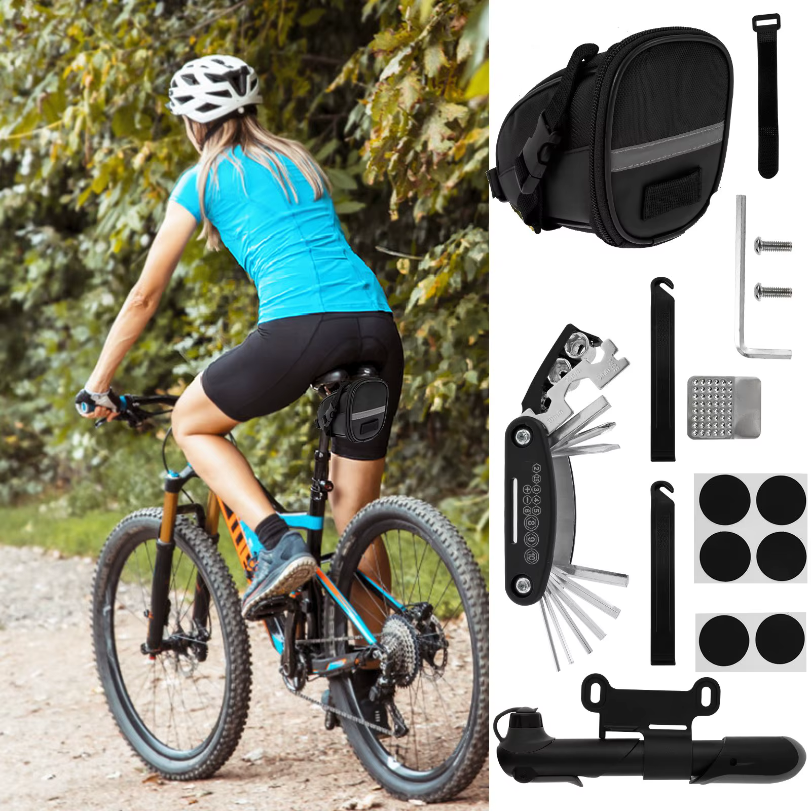 Kit d'outils de réparation de vélos avec pompe comprend divers outils