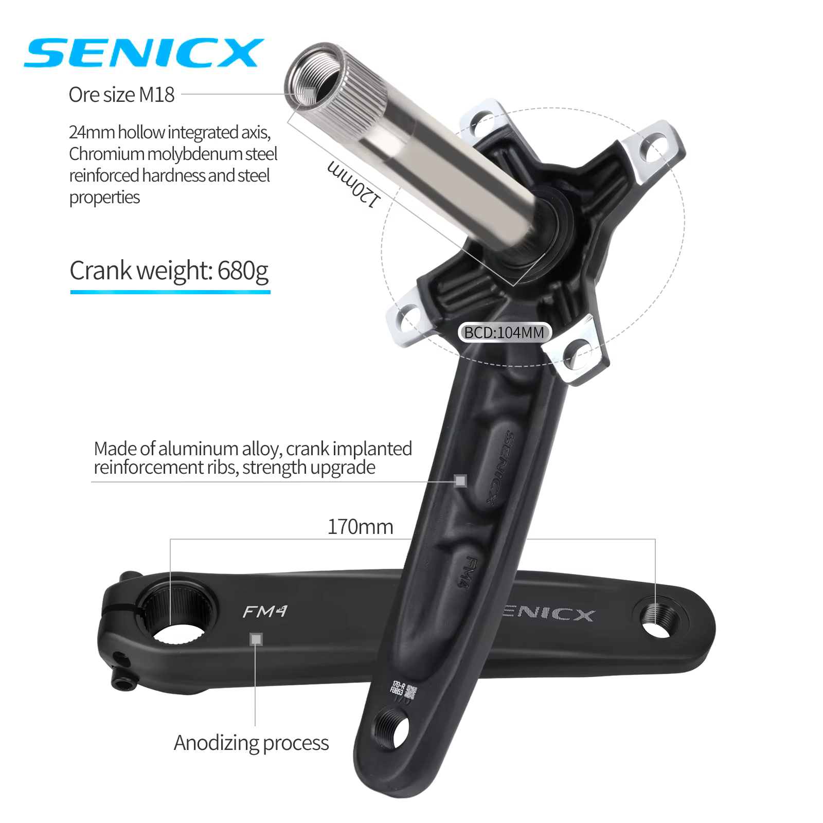 SENICX pédalier de vélo 170mm 104BCD chaîne unique 32T/34T/36T/38T/40T/42T 8/9/10/11/12 vitesses manivelle creuse