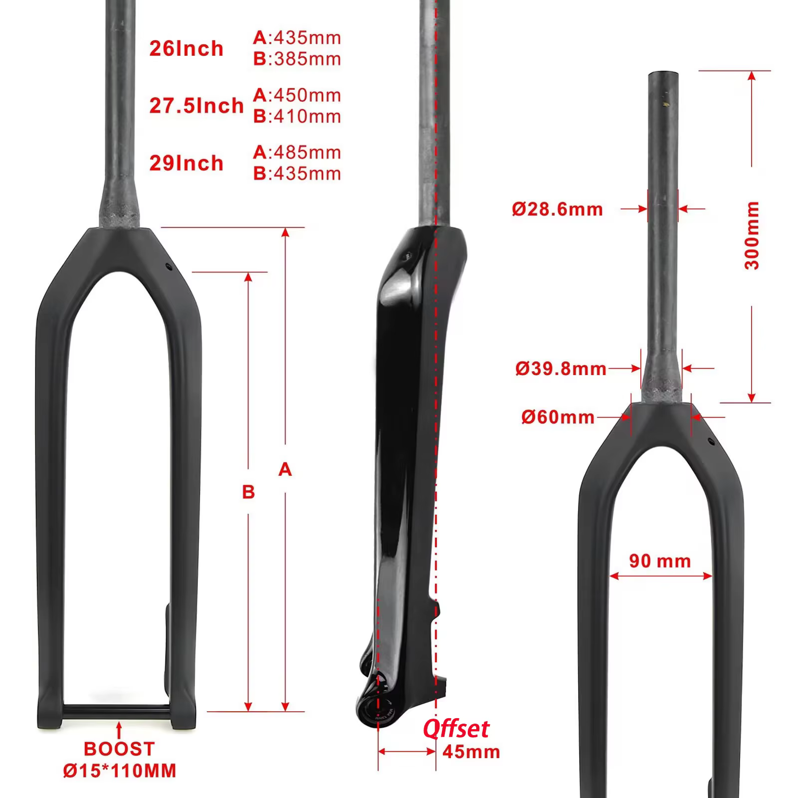 Fourche de vélo VTT FCFB à axe traversant Boost 15*110mm entièrement en fibre de carbone