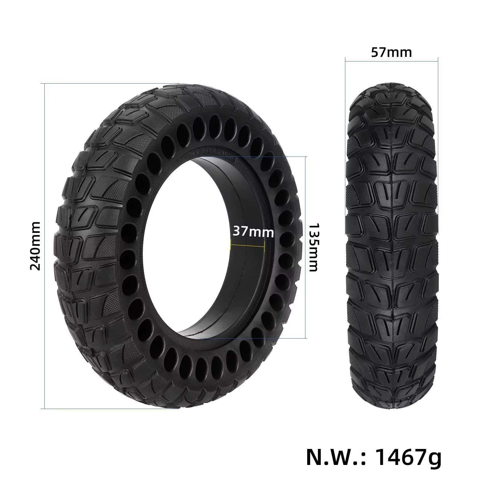 Pneu plein alvéolé anti-crevaison 10x2.50 de 10 pouces pour trottinette électrique universelle sans pneumatique