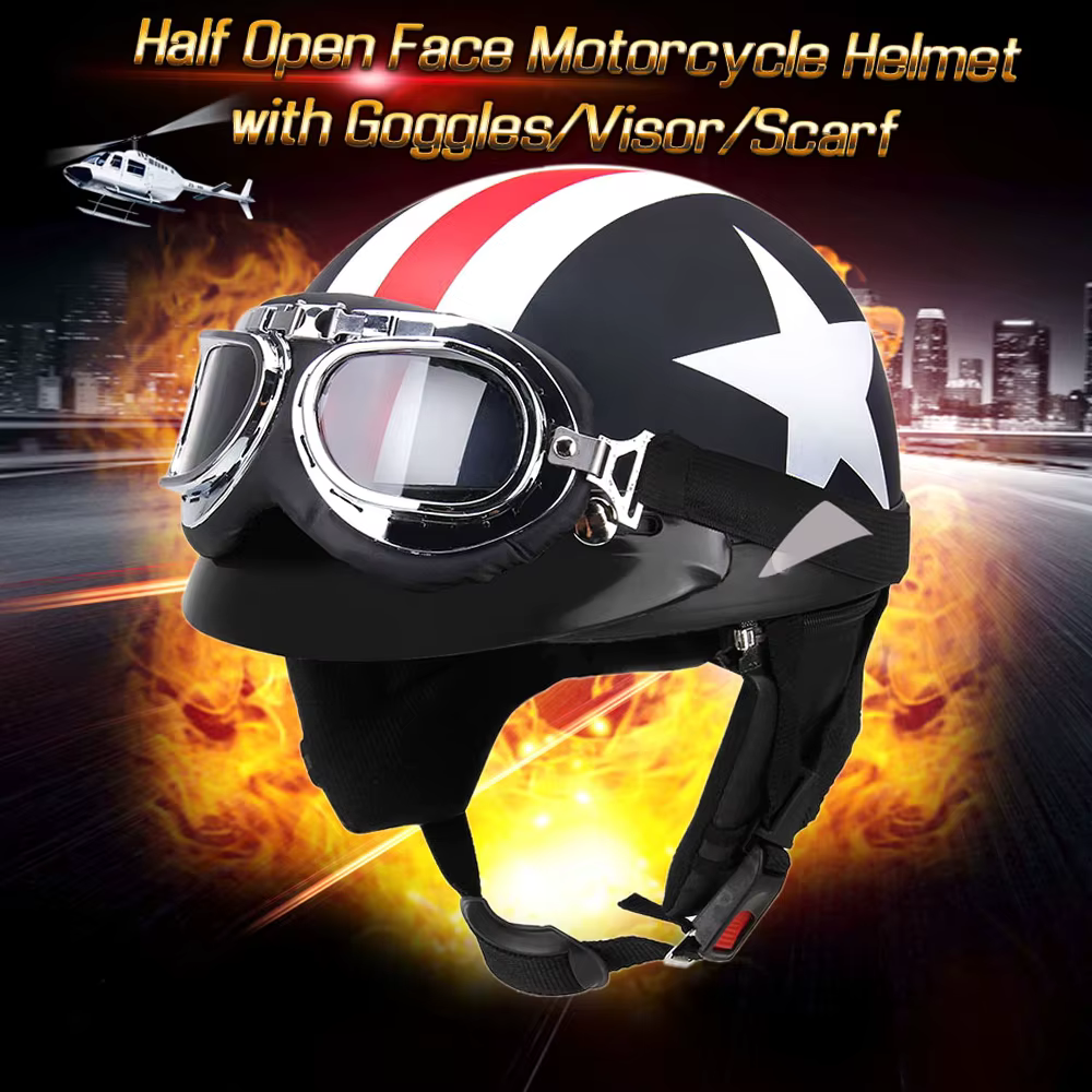 Casque de moto demi-visage ouvert avec lunettes visière écharpe motard Scooter