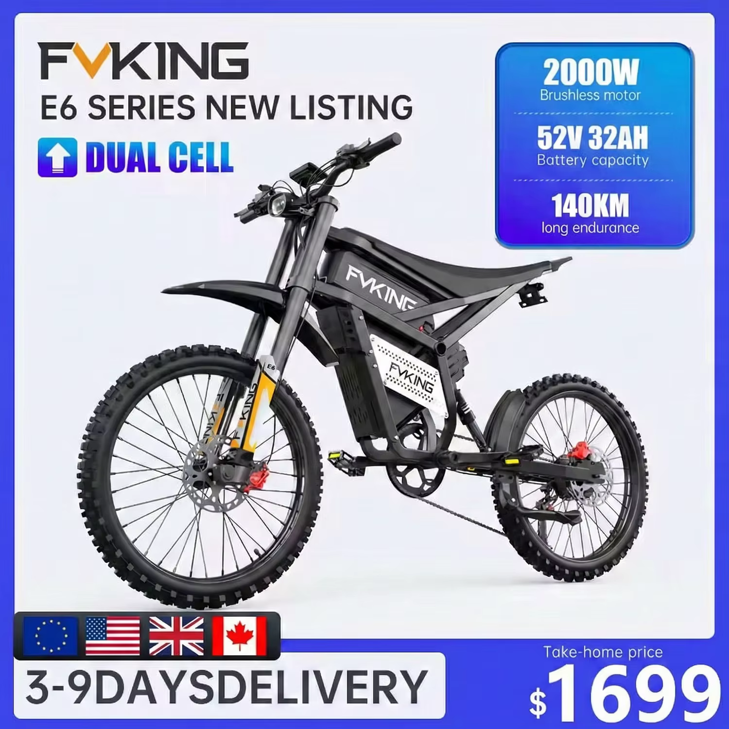 FVKING E6 vélo électrique adulte moteur de crête 2000W