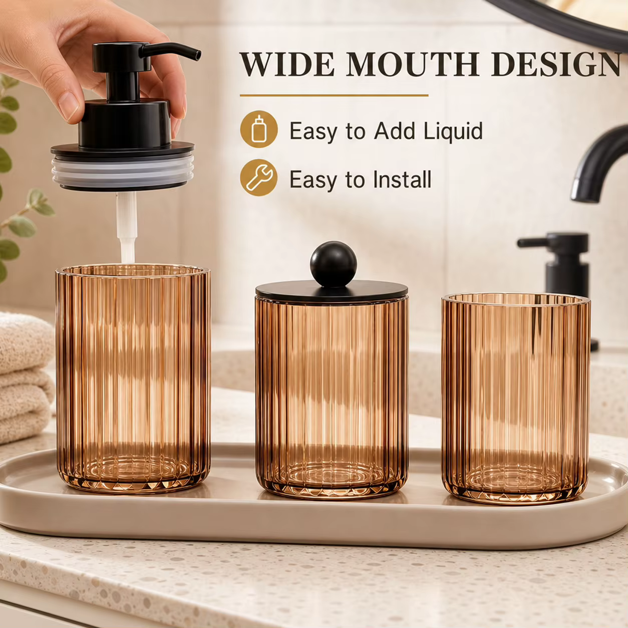 Ensemble d'accessoires de salle de bain 3 pièces, distributeur de savon liquide et de lotion pour comptoir de salle de bain de qualité supérieure, pot à coton et kit de tasses, élégant cadeau de penda