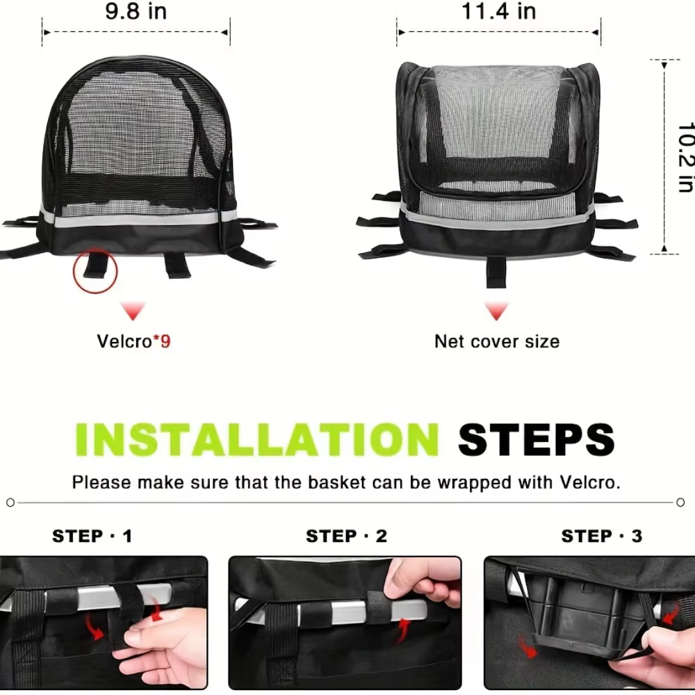 Housse de panier de vélo amovible, ouverture complète de fermeture éclair, couverture de panier de vélo pour chien et animal de compagnie, facile à mettre et à sortir, filet respirant pour panier