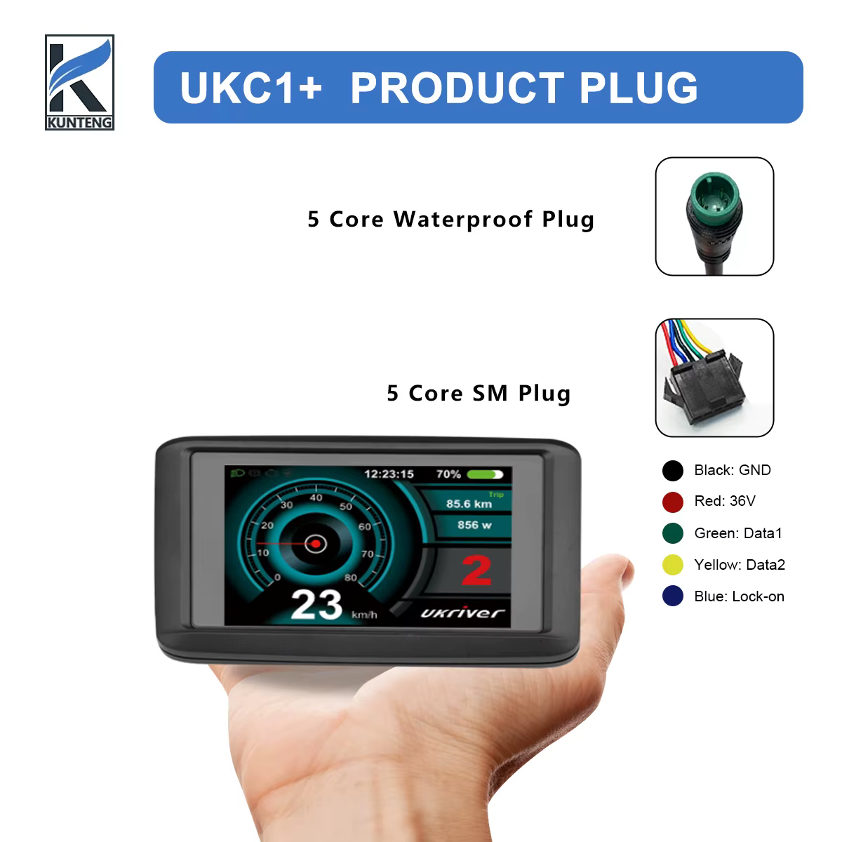 Écran d'affichage pour vélo électrique UKC1+ avec prise SM/étanche 24V/36V/48V/60V/72V compatible avec le contrôleur JN