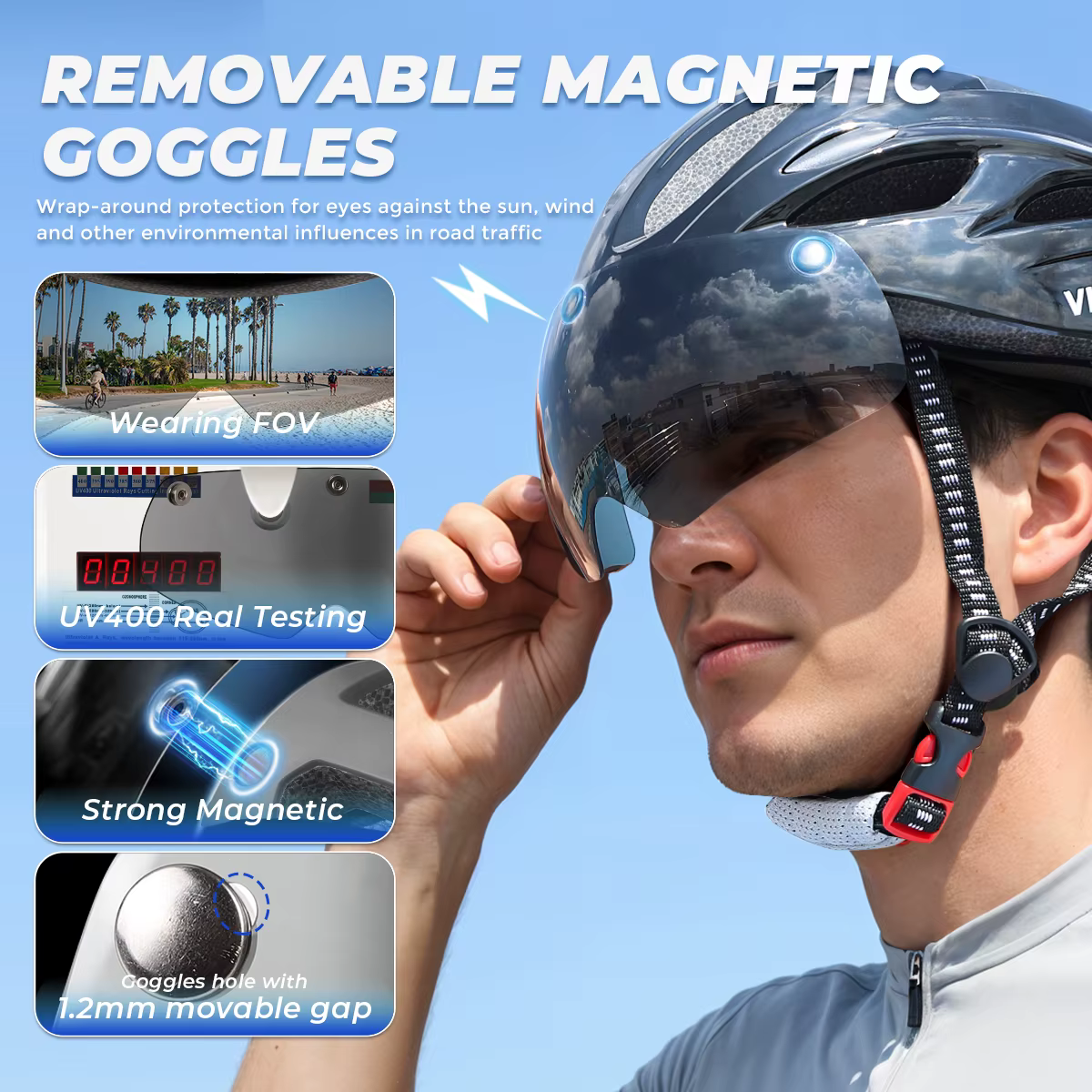 VICTGOAL Herren Fahrrad Helm Rückleuchte Magnetische Brille UV400 Linse Sonnenblende