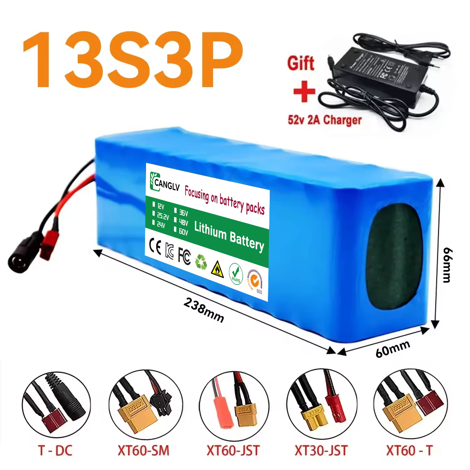 Batterie rechargeable haute capacité 48V 100Ah 13S3P 1000W BMS 54.6V pour vélo électrique et trottinette