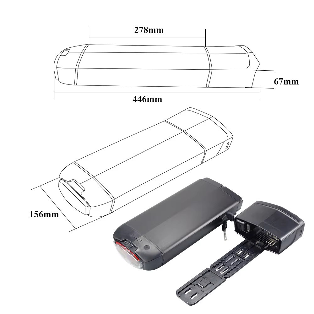 Batterie de vélo électrique EVRYjourney FATTIRE 500W pour porte-bagages arrière 48V 10.4Ah 12Ah 14Ah avec feu