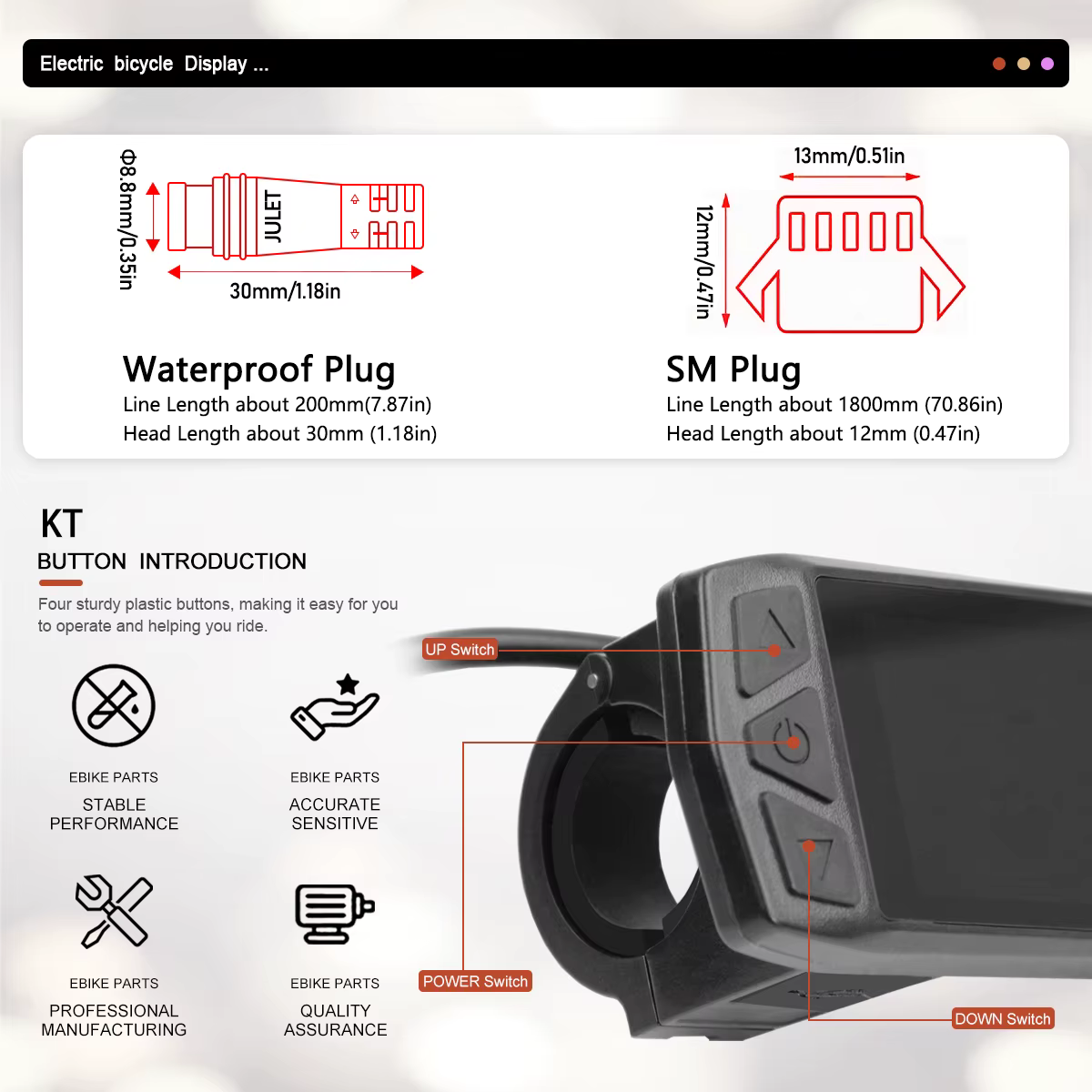 Afficheur pour vélo électrique ebike KT-TF01U 24V36V48V SM/prise étanche (avec USB) compatible avec le contrôleur KT