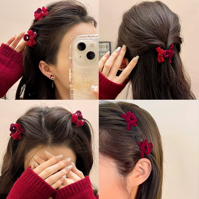Spécial Saint Valentin – 1 paire de petites griffes pour cheveux, pince à cheveux avec nœud papillon en velours rouge, cadeau pour filles et femmes