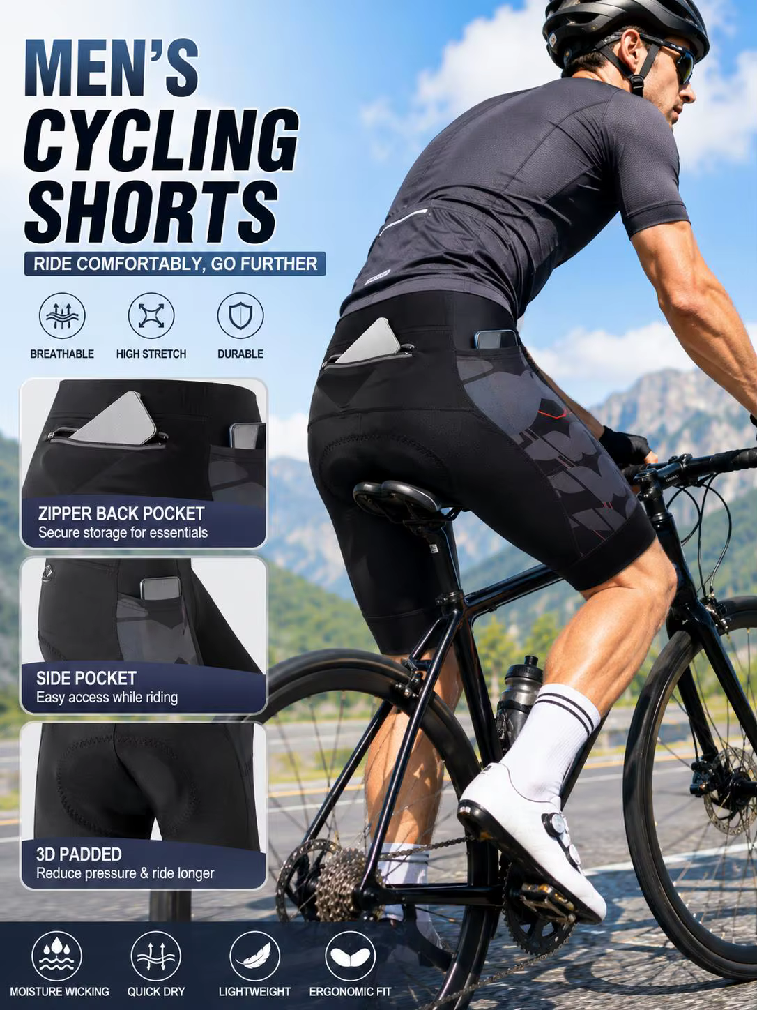 Shorts de cyclisme pour hommes avec rembourrage 3D