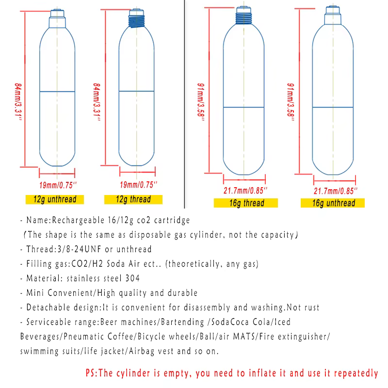 Cylindre de co2 Rechargeable 12g 16g cartouches de CO2 recharge gonfleur de CO2 pour pneus de vélo équipement de brassage avec filetage non fil