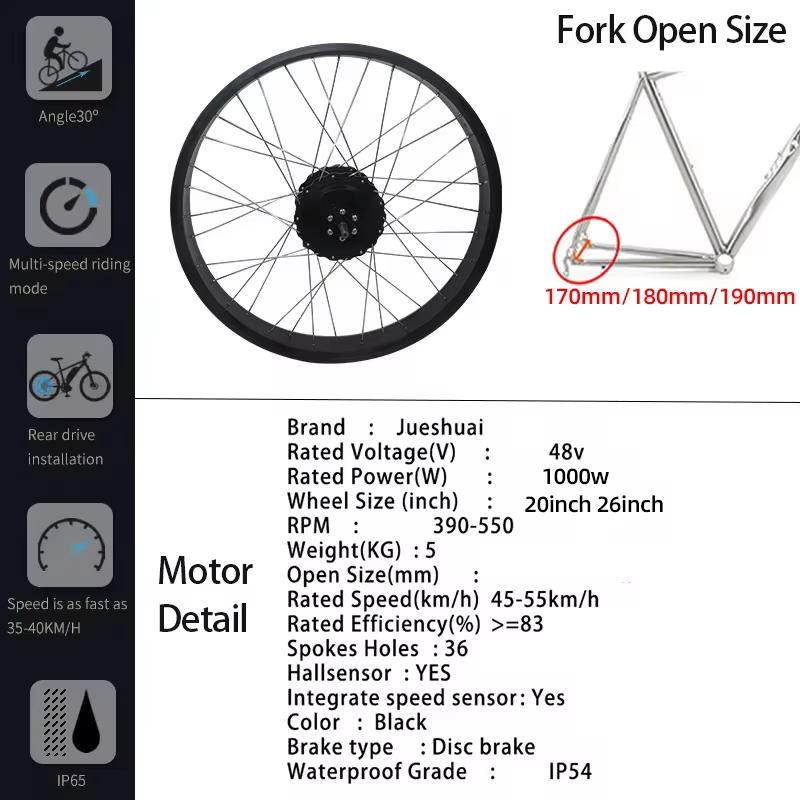 Kit de conversion de vélo électrique Fat Bike 48V 1000W avec moteur arrière sans balais et pneus 4.0 pouces (20/26