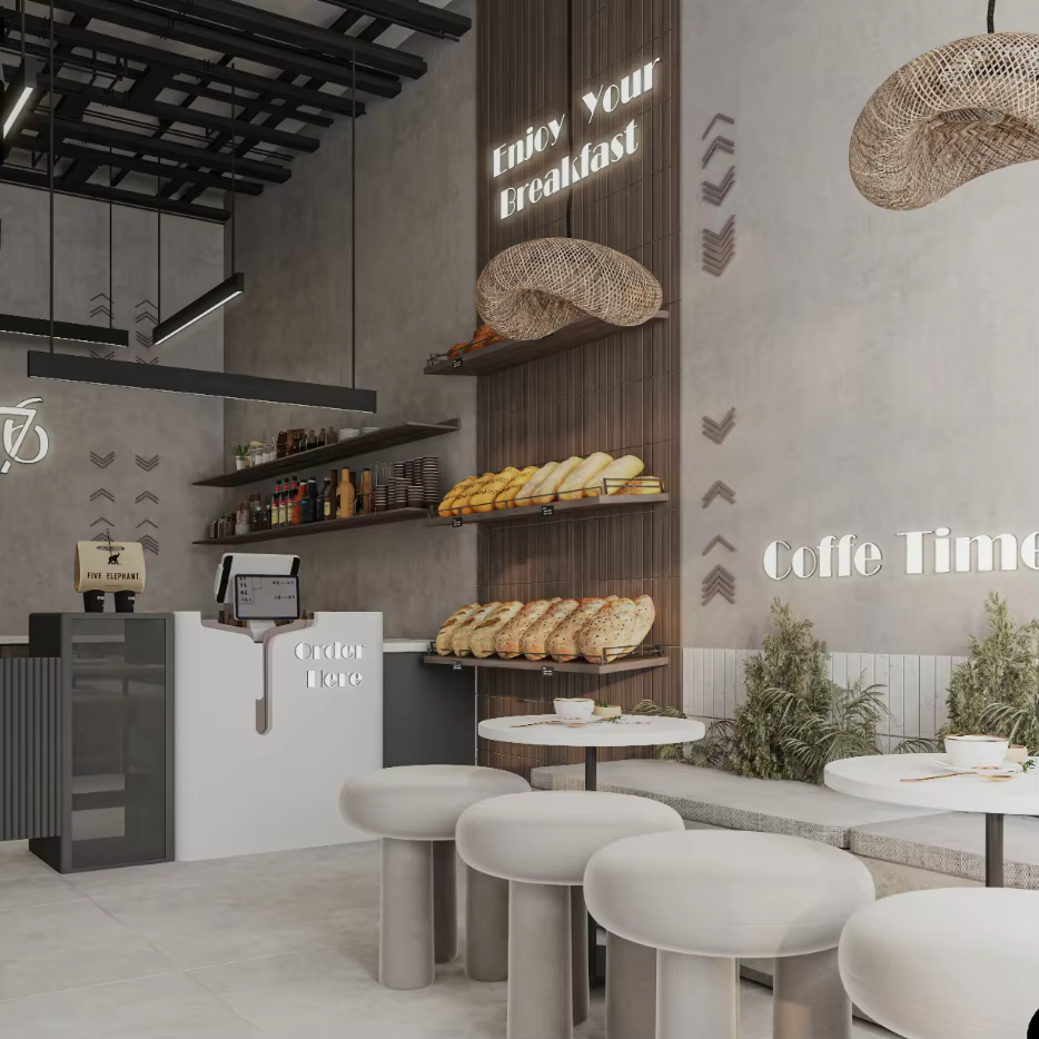 Comptoir de bar à café personnalisé haut de gamme, kiosque à café au design intérieur épuré et accessoires de décoration pour café commercial