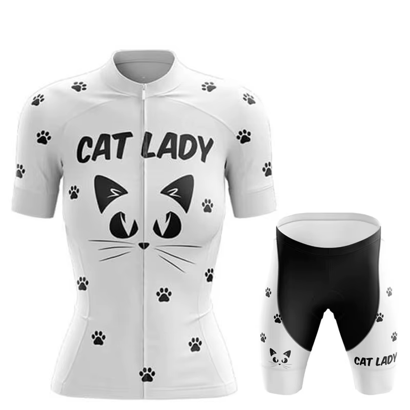 Ensemble de maillot de cyclisme pour femmes 2026 – Tenue de vélo amusante avec motif chat de dessin animé – Vêtements