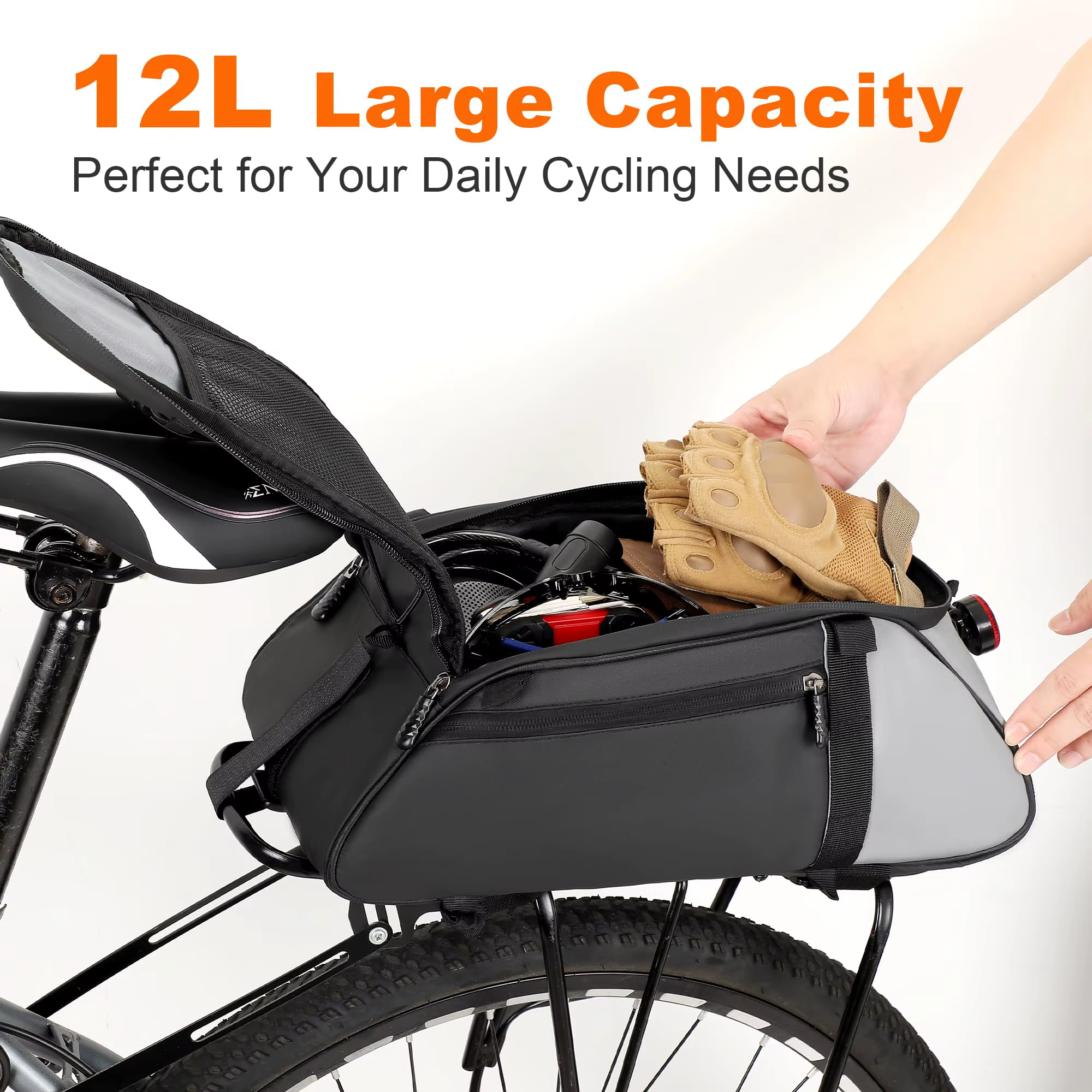 Sac de porte-vélo, sac de coffre arrière pour vélo électrique imperméable et réfléchissant de 12 L